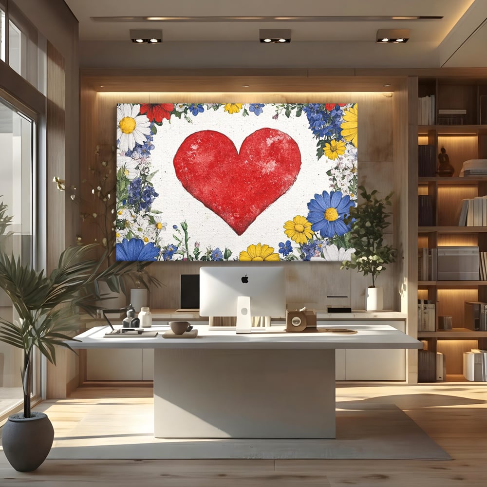 Tablou canvas cu tablou canvas cu inima rosie si flori, fara rama, pe sasiu de lemn, pe perete intr-un birou